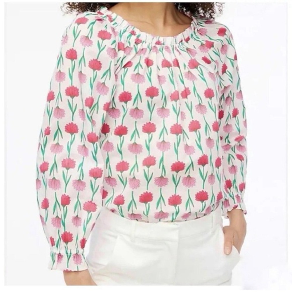 J. Crew Floral Print Top Pink Bow‎ Long Sleeve Blouse Re-Imagined PM